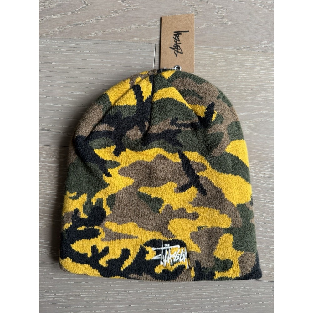 STUSSY BASIC YELLOW CAMO KNIT SKULLCAP BEANIE ONE SIZE ❤️✅ BRAND NEW SHIPS ASAP